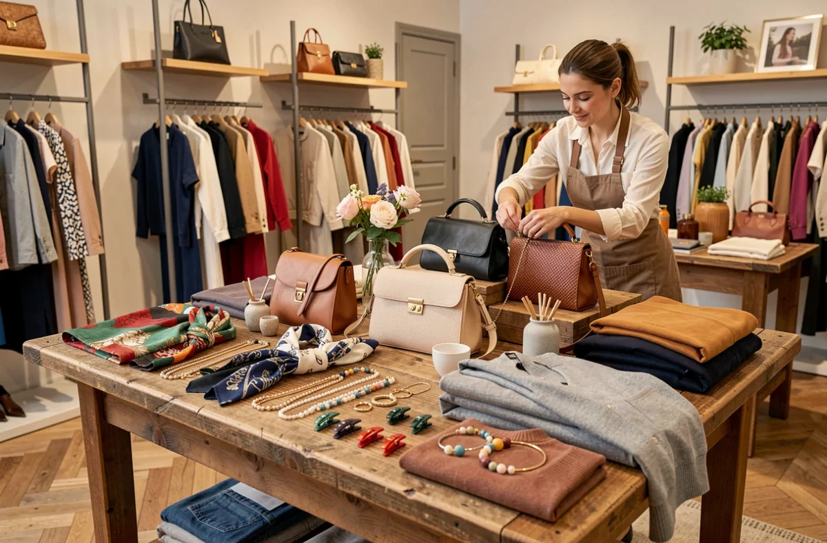 Présentoir d'accessoires et vêtements féminins dans la boutique 1001 Accessoires à Fontainebleau