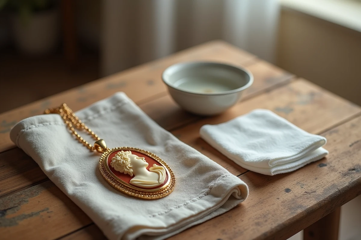 Mise à plat des accessoires nécessaires pour nettoyer et entretenir un camée en or, incluant chiffon doux, brosse et eau tiède