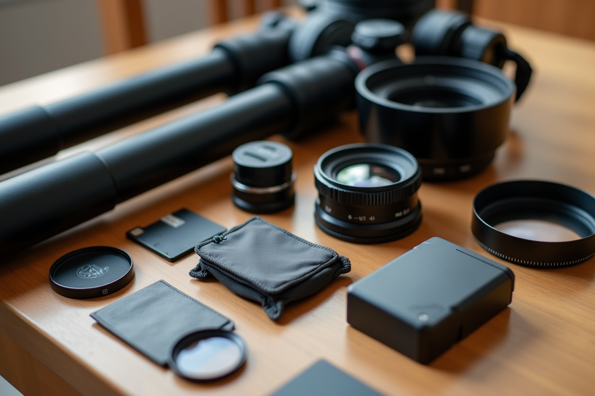 Accessoires photo essentiels sur une table en bois
