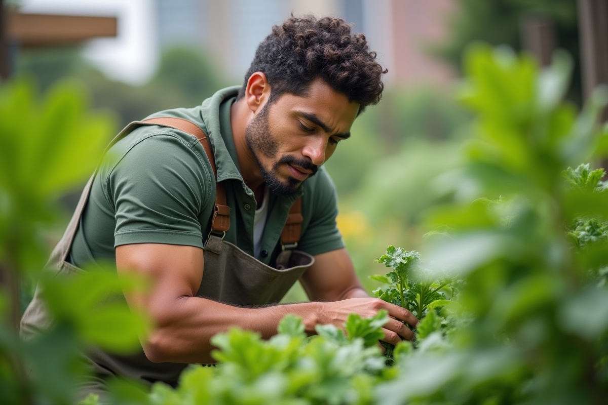 Acteur hollywoodien récoltant des légumes dans un jardin urbain
