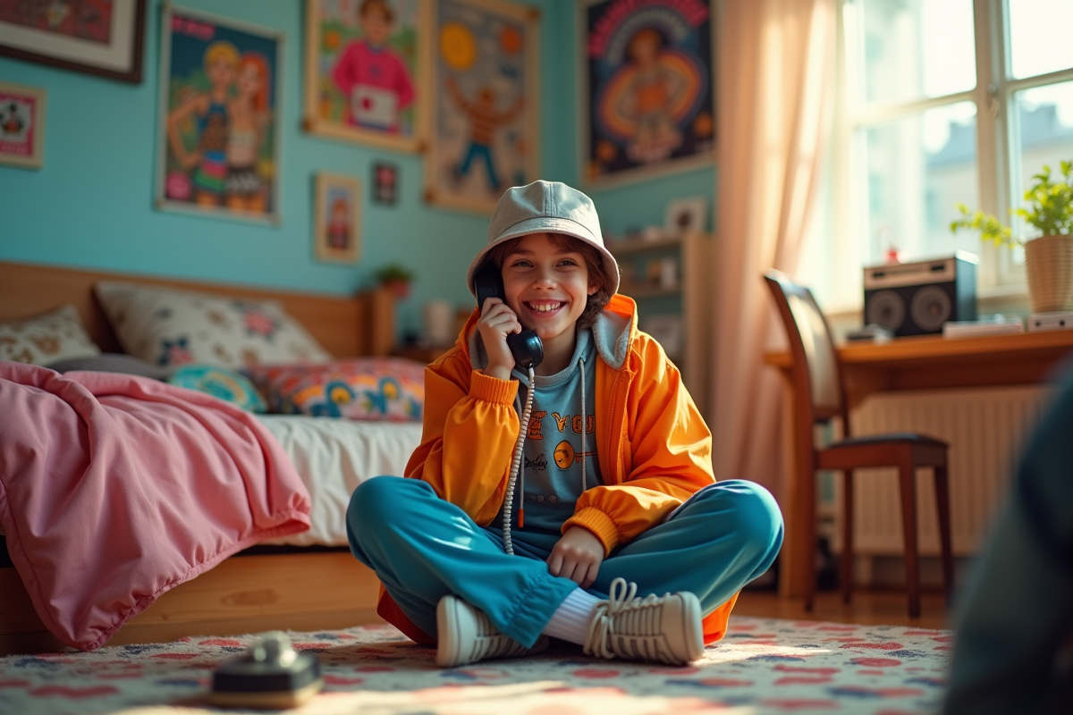 Adolescent souriant dans une chambre 90s avec téléphone et cassettes