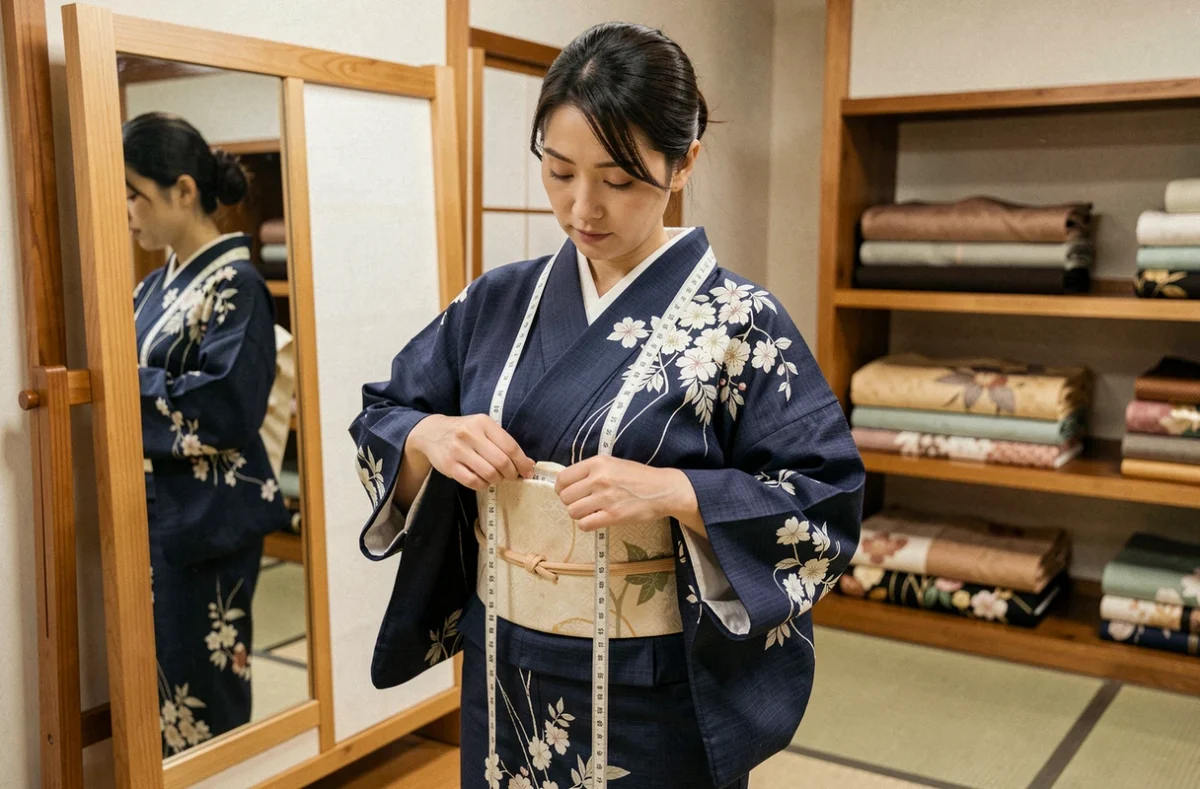 Femme japonaise ajustant un yukata indigo dans une boutique traditionnelle, avec un mètre-ruban pour prendre ses mesures