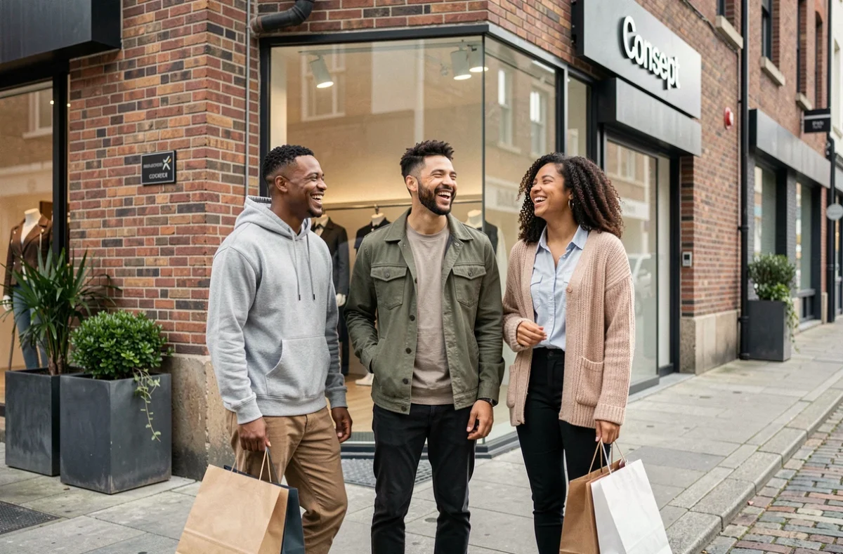 Groupe d'amis devant une boutique de mode urbaine tenant des sacs shopping, représentant la diversité et l'accessibilité de la catégorie Sonstiges Clothing