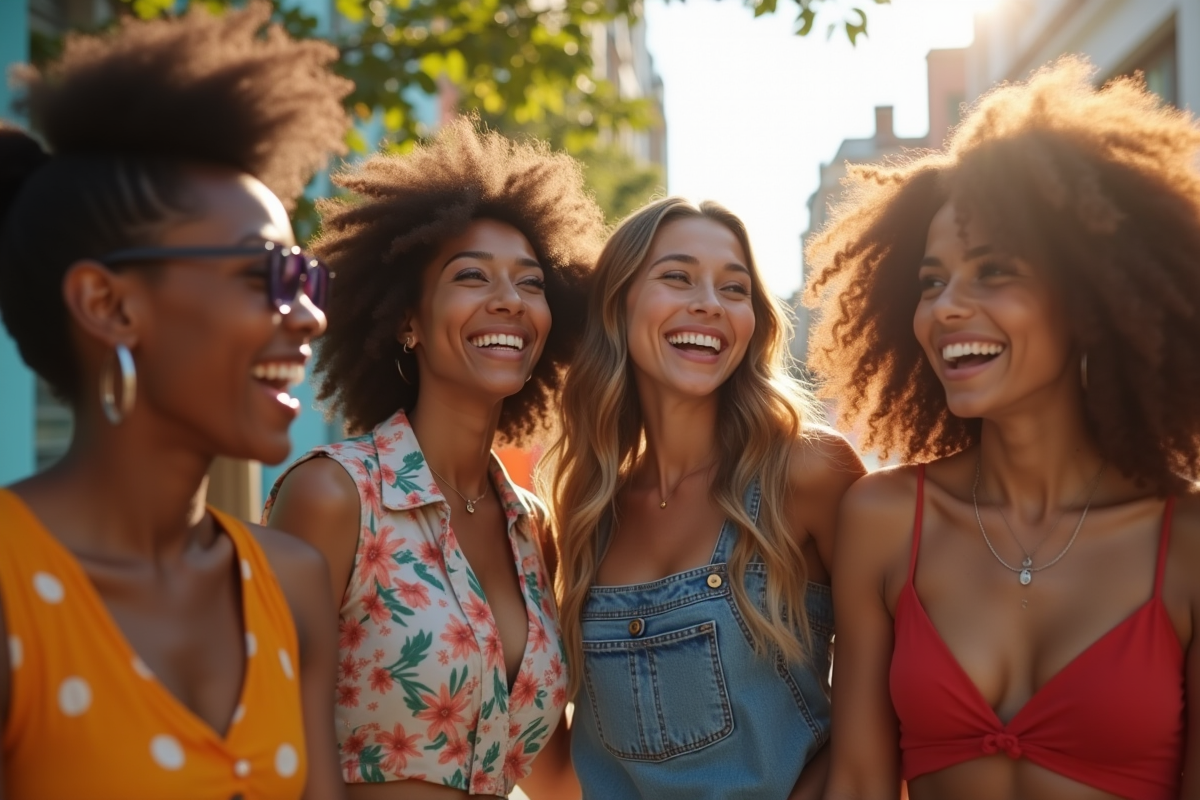 Groupe d amis souriants en extérieur avec styles vestimentaires variés
