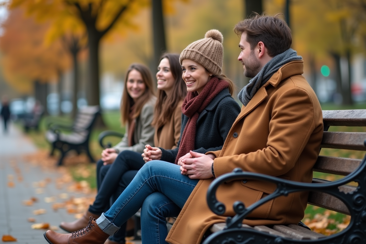 Trois amis en automne discutant sur un banc