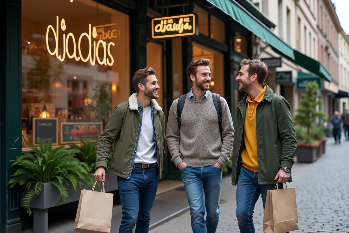 Trois amis discutant devant la boutique Djadjas à Lille