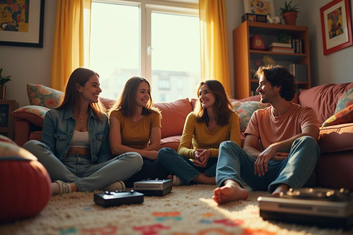 Groupe d'amis dans un salon vintage des années 90