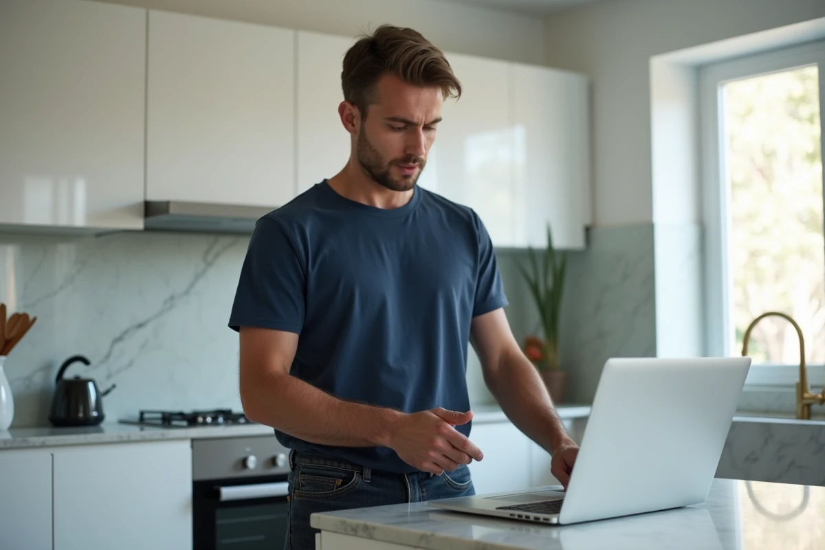 Homme gérant l'annulation d'une commande Shein sur un ordinateur portable dans une cuisine moderne