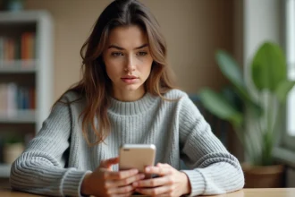 Jeune femme annulant une commande Shein sur son smartphone depuis son bureau à domicile