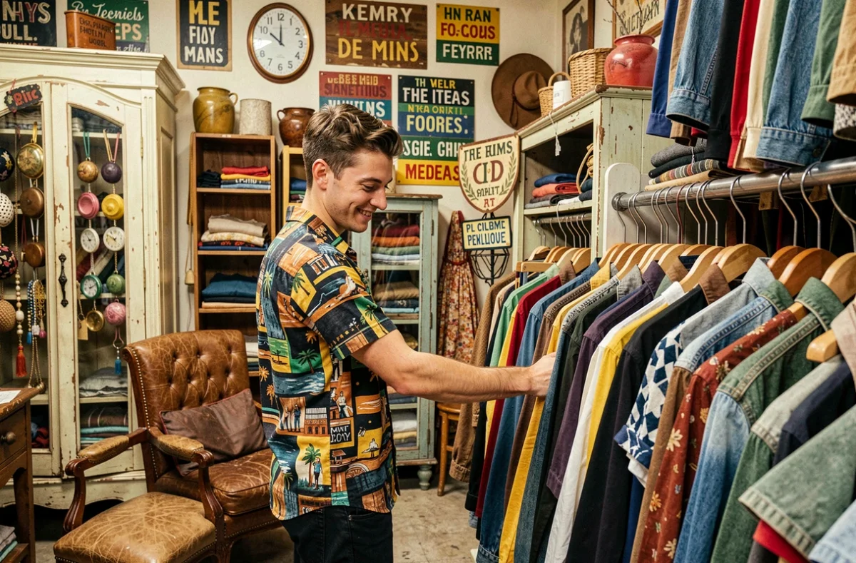 Jeune homme parcourant un portant bien garni dans la friperie éclectique L'Armoire Générale au Mans