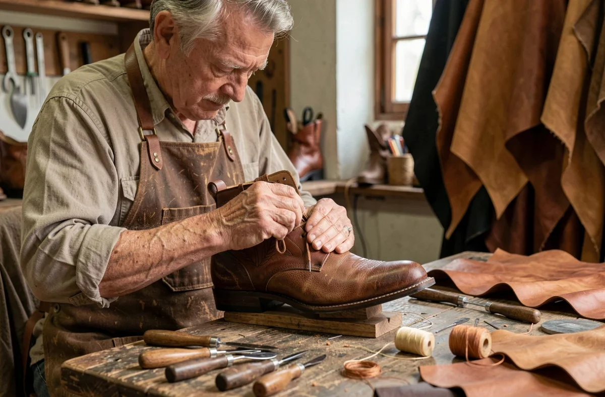 Artisan cordonnier assemblant à la main une botte western artisanale dans son atelier traditionnel
