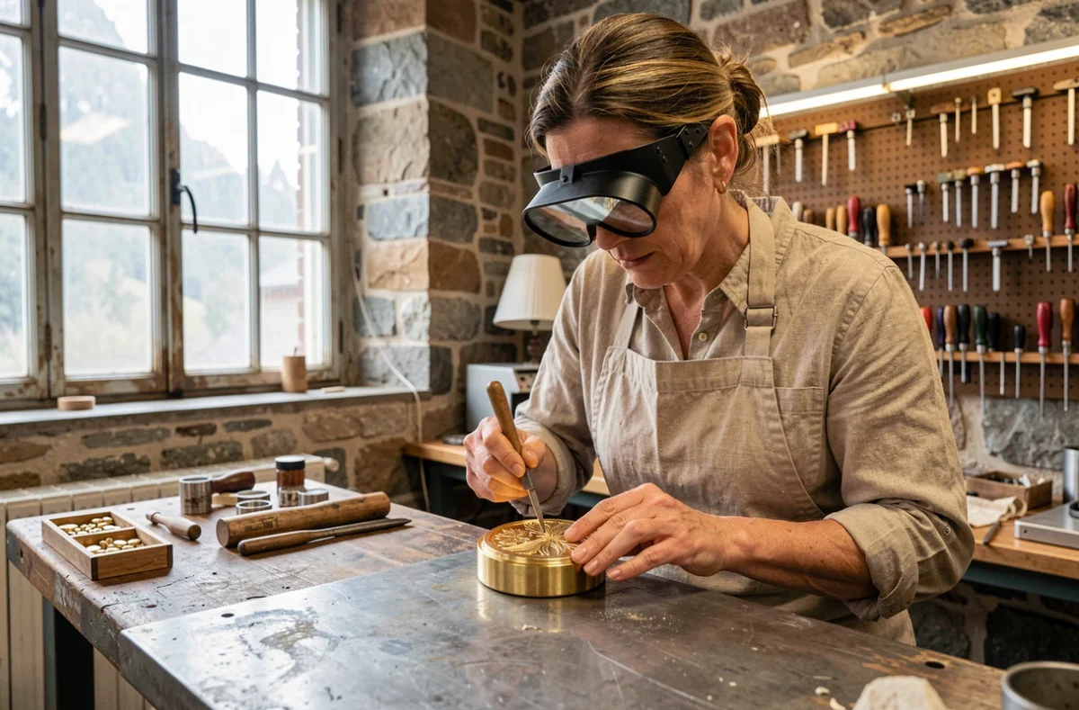 Artisane gravant à la main des motifs floraux sur un boîtier de montre en or dans une manufacture suisse traditionnelle