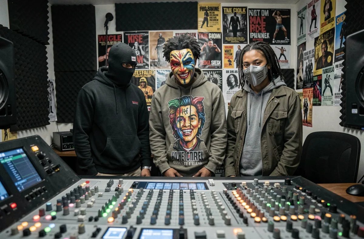 Trois artistes de rap portant des masques différents autour d'une console de studio d'enregistrement, symbolisant l'anonymat collectif dans la culture hip-hop