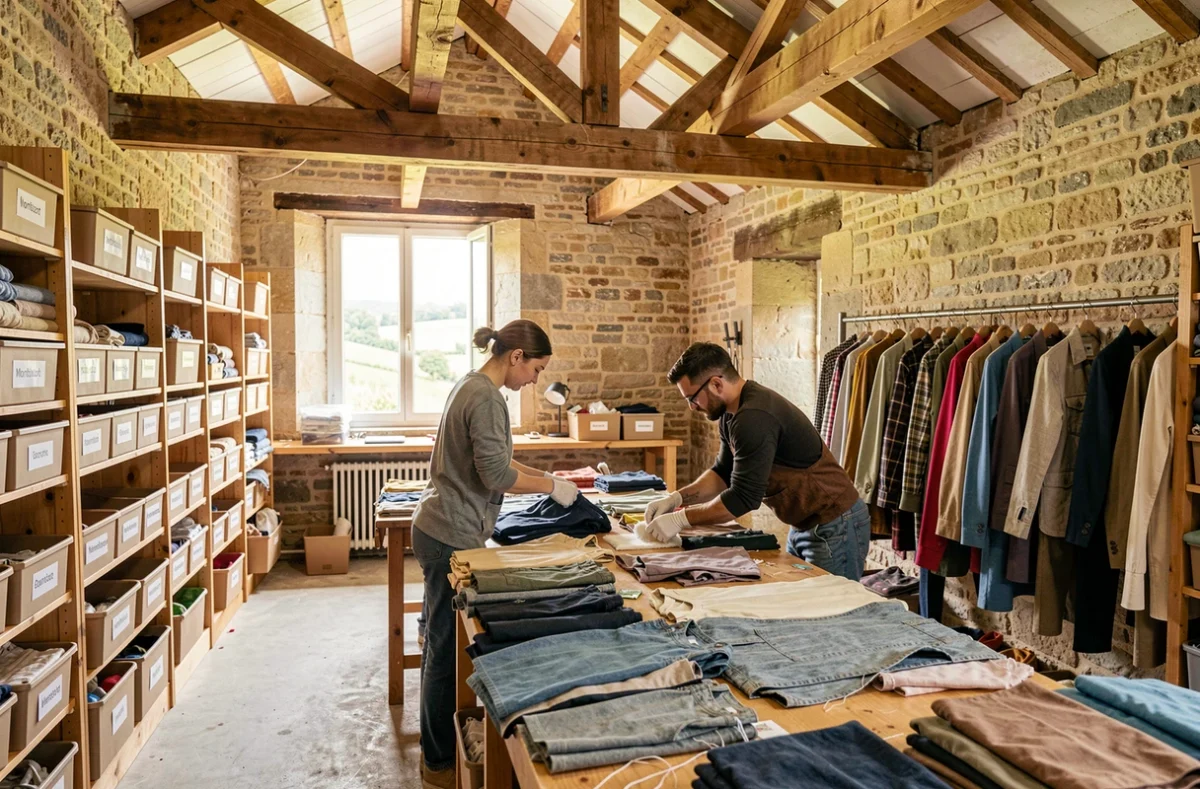Atelier de tri et réparation textile des Ateliers ESTIM à Montbizot avec vue sur la campagne sarthoise