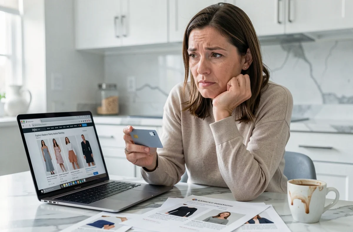 Femme hésitante tenant une carte bancaire devant son ordinateur montrant des avis sur une marque de couture, entourée de fiches produits imprimées