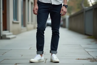 Homme en basket minimaliste blanche et chino marine sur trottoir urbain en béton