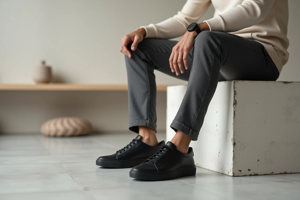 Baskets minimalistes noires en cuir portées par un homme dans un intérieur scandinave épuré