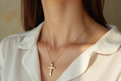 Pendentif croix en or jaune 18 carats avec gravure florale sur chaîne fine, porté par une femme en chemisier blanc