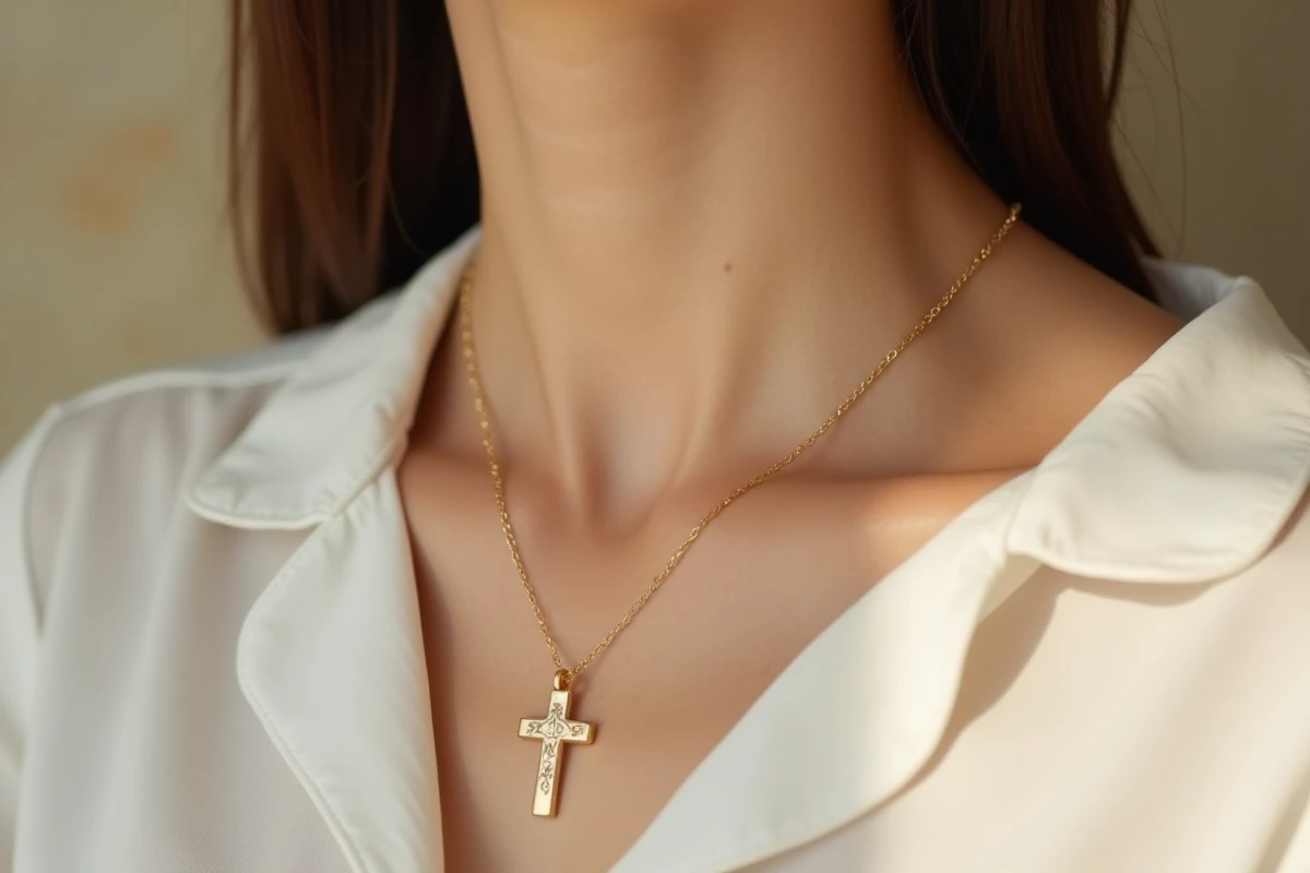 Pendentif croix en or jaune 18 carats avec gravure florale sur chaîne fine, porté par une femme en chemisier blanc
