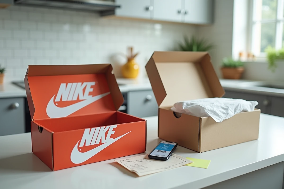 Comparaison de deux boîtes Nike ouvertes, originale et contrefaite, avec smartphone et notes manuscrites sur un comptoir de cuisine