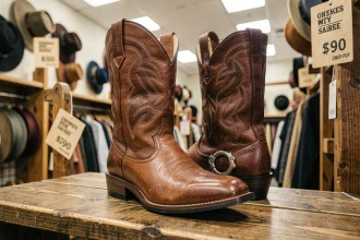 Paire de bottes cowboy western de marque exposée sur une étagère en bois dans une boutique spécialisée