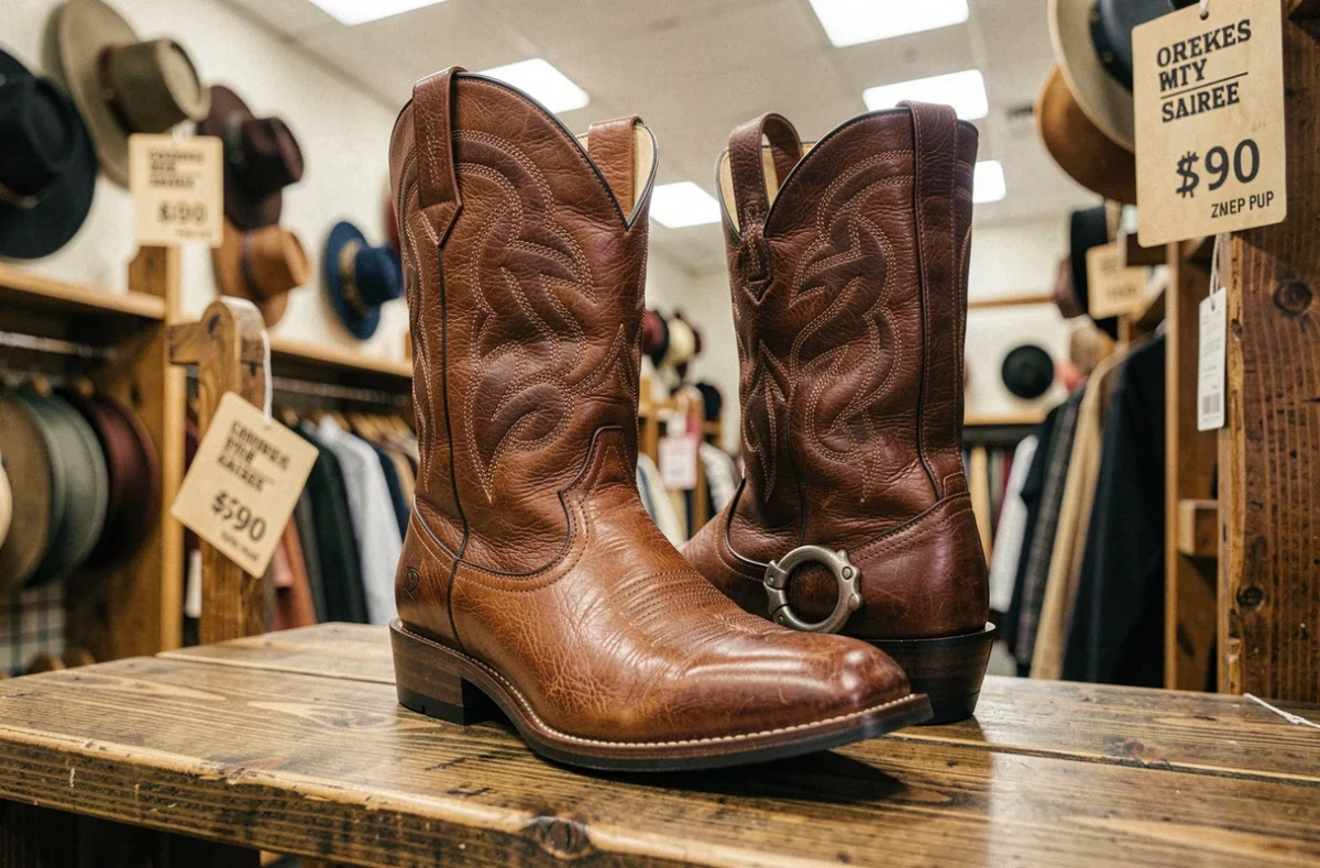 Paire de bottes cowboy western de marque exposée sur une étagère en bois dans une boutique spécialisée
