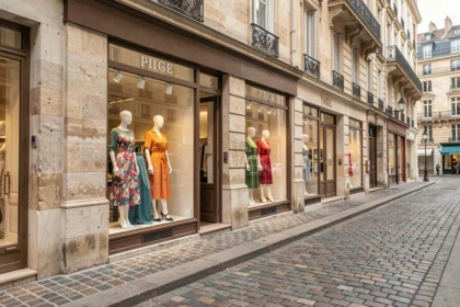 Rue commerçante de Seine-et-Marne avec boutiques de prêt-à-porter féminin aux vitrines élégantes