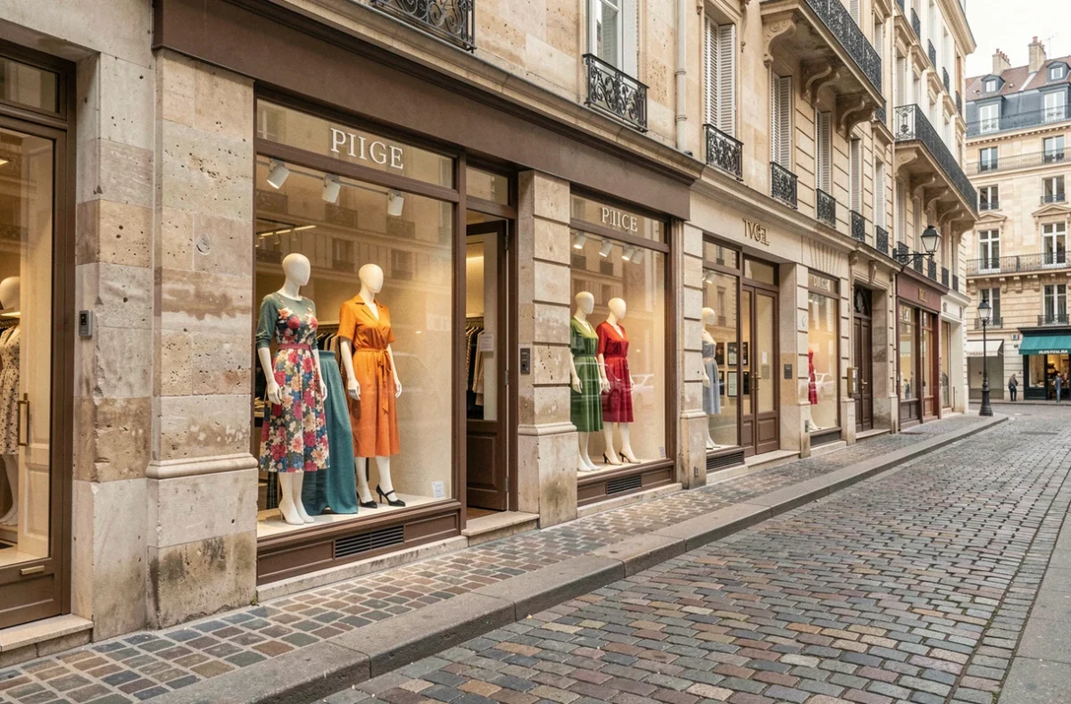 Rue commerçante de Seine-et-Marne avec boutiques de prêt-à-porter féminin aux vitrines élégantes