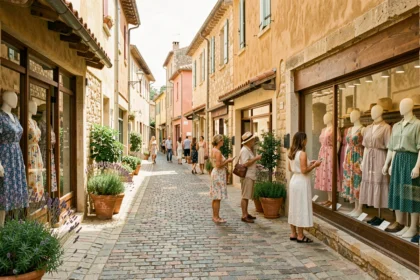 Rue commerçante provençale avec boutiques de prêt-à-porter féminin aux façades en pierre dorée, vitrines colorées et femmes élégantes se promenant dans une ambiance méditerranéenne