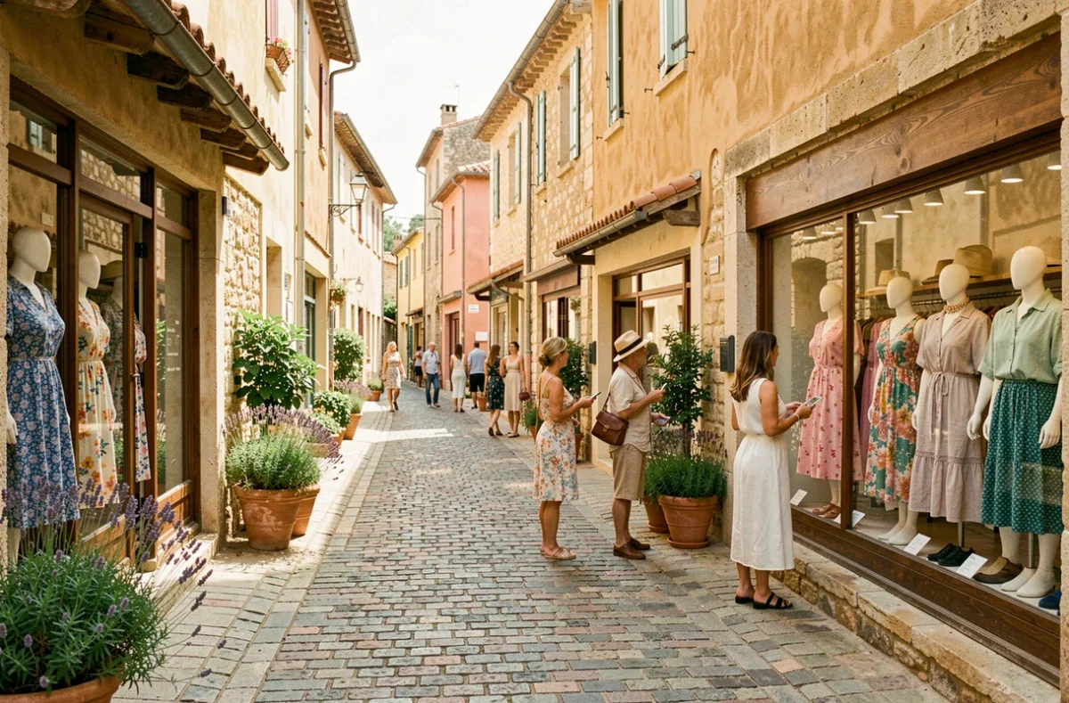 Rue commerçante provençale avec boutiques de prêt-à-porter féminin aux façades en pierre dorée, vitrines colorées et femmes élégantes se promenant dans une ambiance méditerranéenne