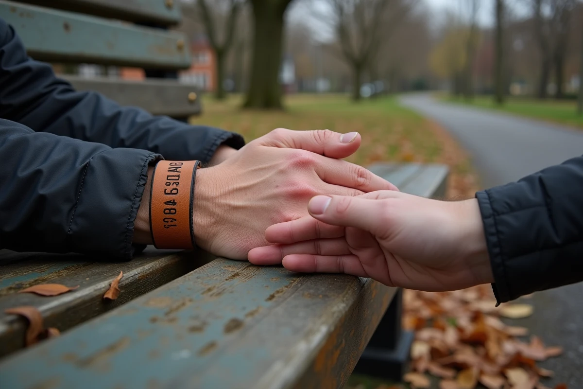 Deux mains masculines adultes sur un banc en bois, l'une portant un bracelet en cuir tan gravé avec initiales, geste tendre dans un décor automnal