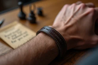 Bracelet en cuir brun foncé pour homme avec gravure personnalisée posé sur une table en bois, gros plan macro sur les détails du cuir et du message gravé