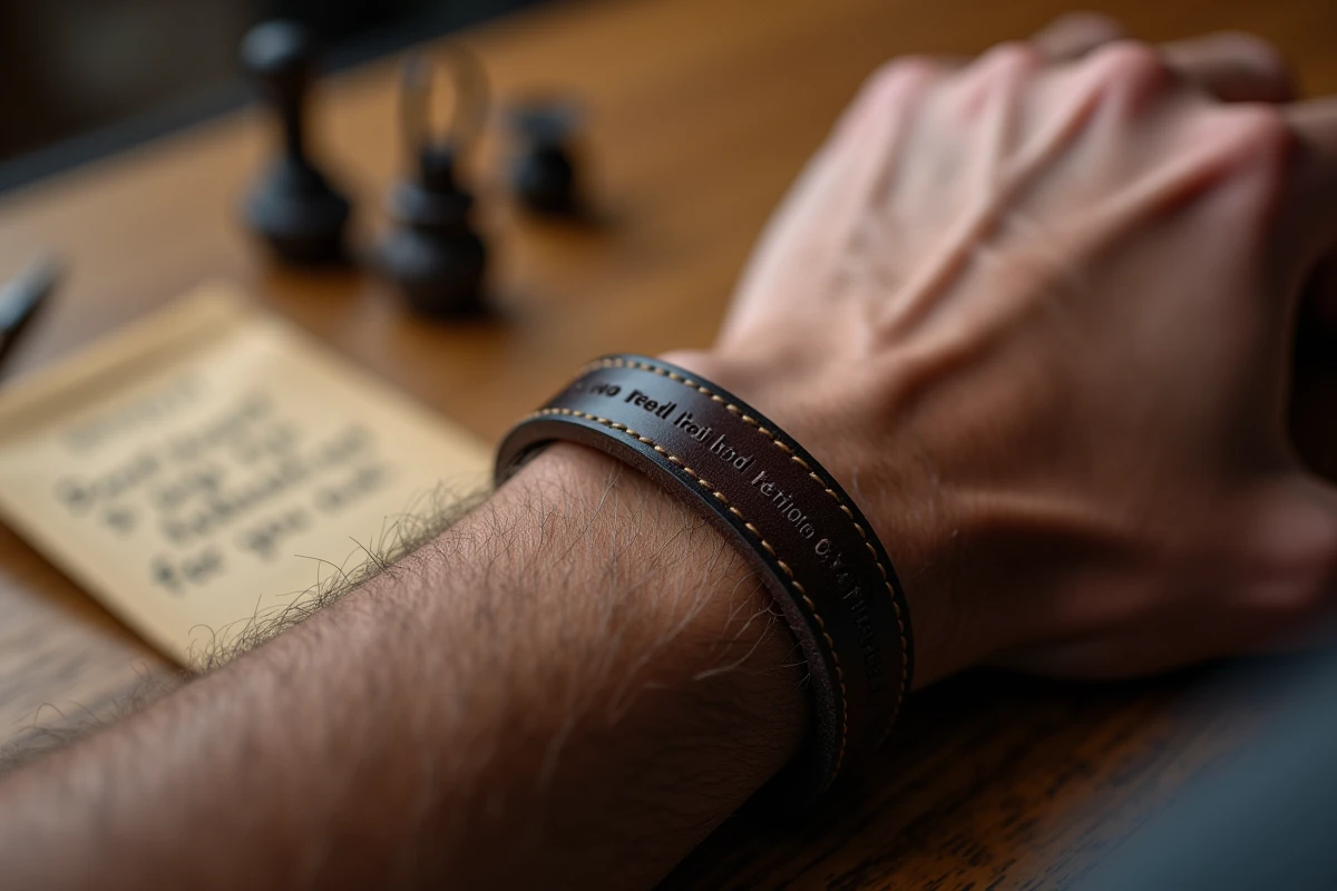 Bracelet en cuir brun foncé pour homme avec gravure personnalisée posé sur une table en bois, gros plan macro sur les détails du cuir et du message gravé