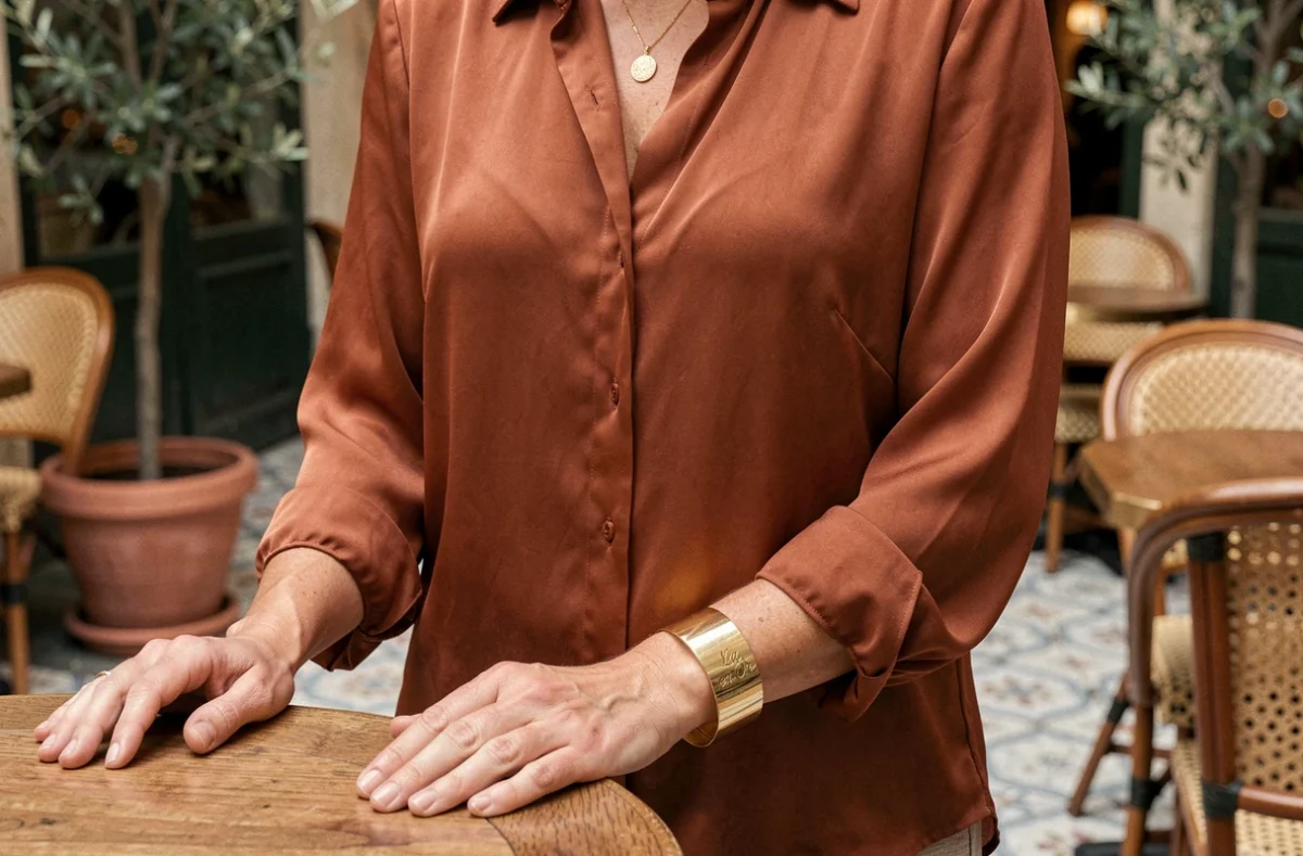 Femme aux poignets ronds portant un bracelet manchette doré La Vie en Or dans un bistrot parisien, style éditorial naturel