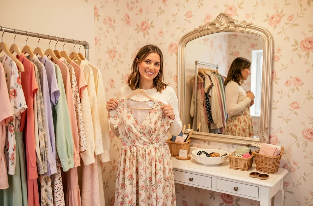 Femme tenant une robe vintage fleurie devant le miroir de la boutique féminine Caram'elle au Mans