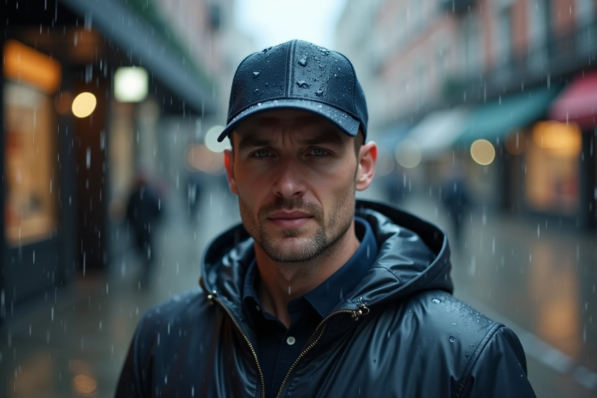Homme portant une casquette mouillée sous la pluie en ville avec déformation du tissu