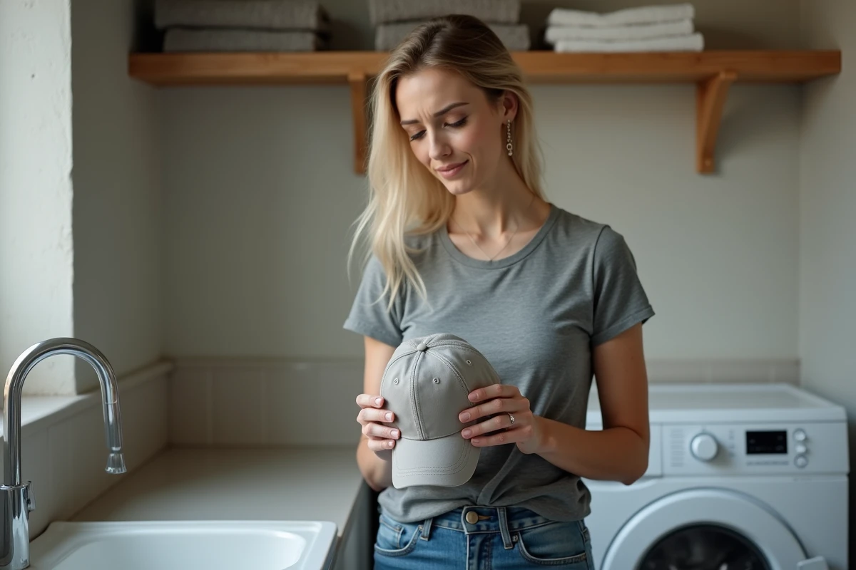 Femme tenant une casquette rétrécie après lavage en machine dans une buanderie