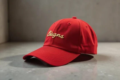 Casquette rouge brodée avec lettres dorées, vue en détail sur fond béton minimaliste, style éditorial