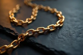 Chaîne en or 18 carats posée sur une surface en ardoise, détail macro des maillons dorés