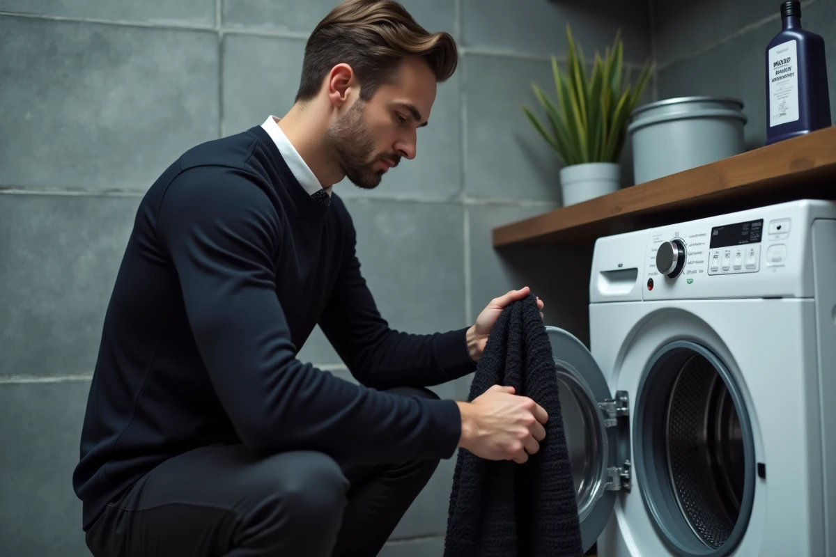 Homme chargeant des vêtements noirs dans un lave-linge pour un lavage adapté à l'entretien de la teinture noire