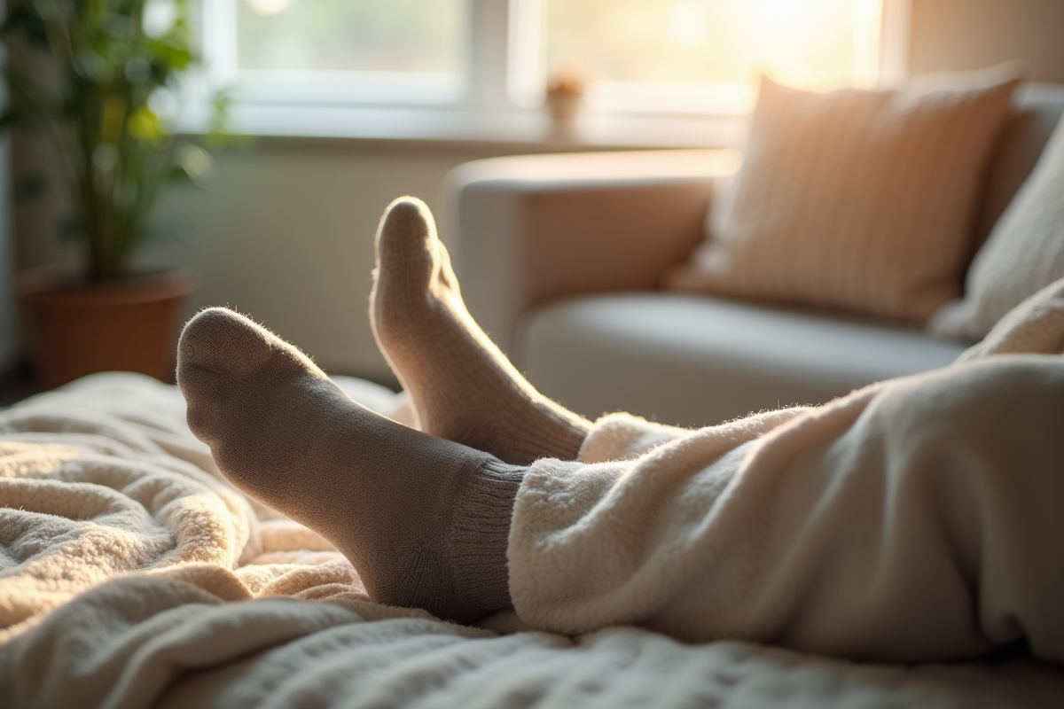Pieds en chaussettes confortables assis sur un canapé en lumière douce