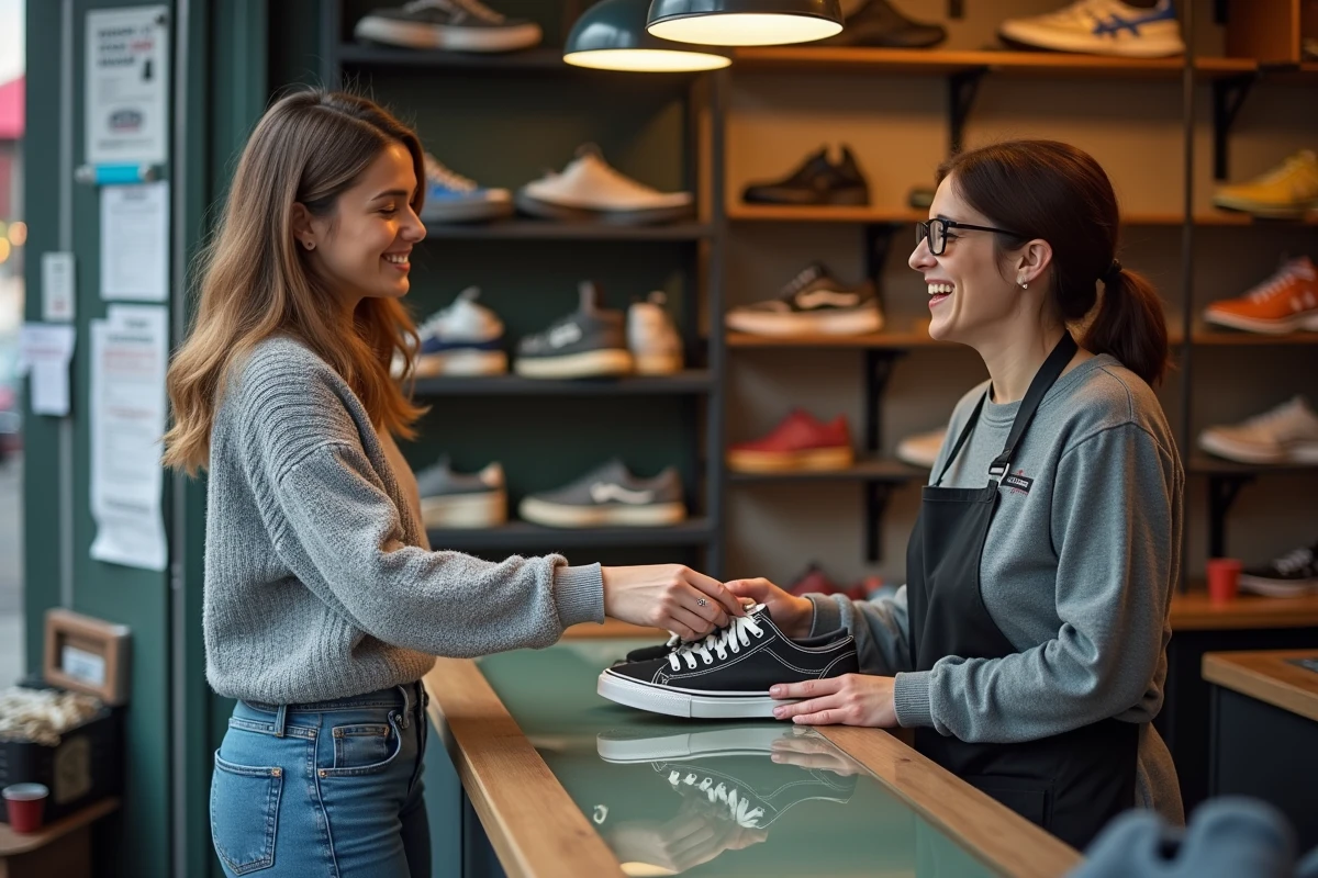 Cliente déposant ses baskets usées au comptoir d'une cordonnerie de quartier pour les faire réparer