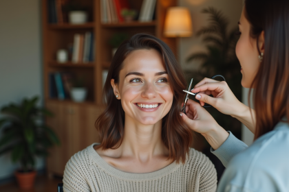 Femme souriante en salon à domicile en train de se faire couper les cheveux