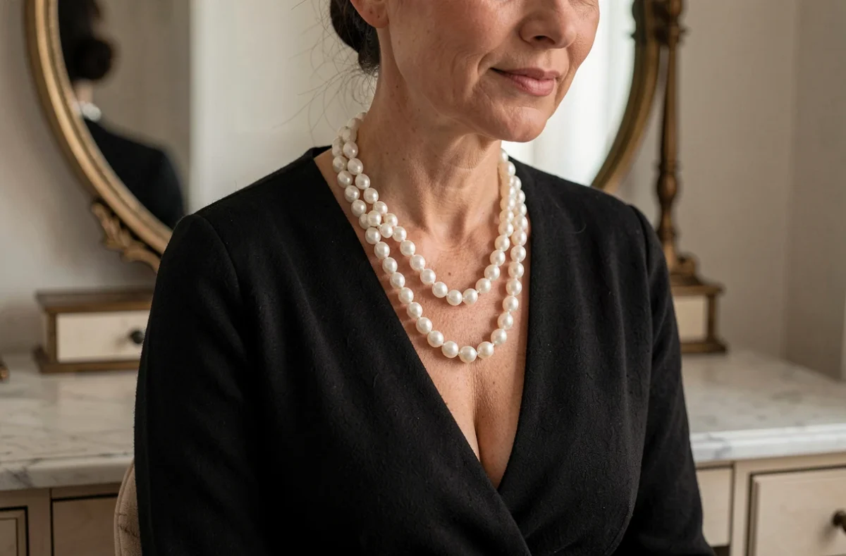 Collier de perles blanches multi-rangs porté sur une robe décolletée noire par une femme assise devant une coiffeuse en marbre