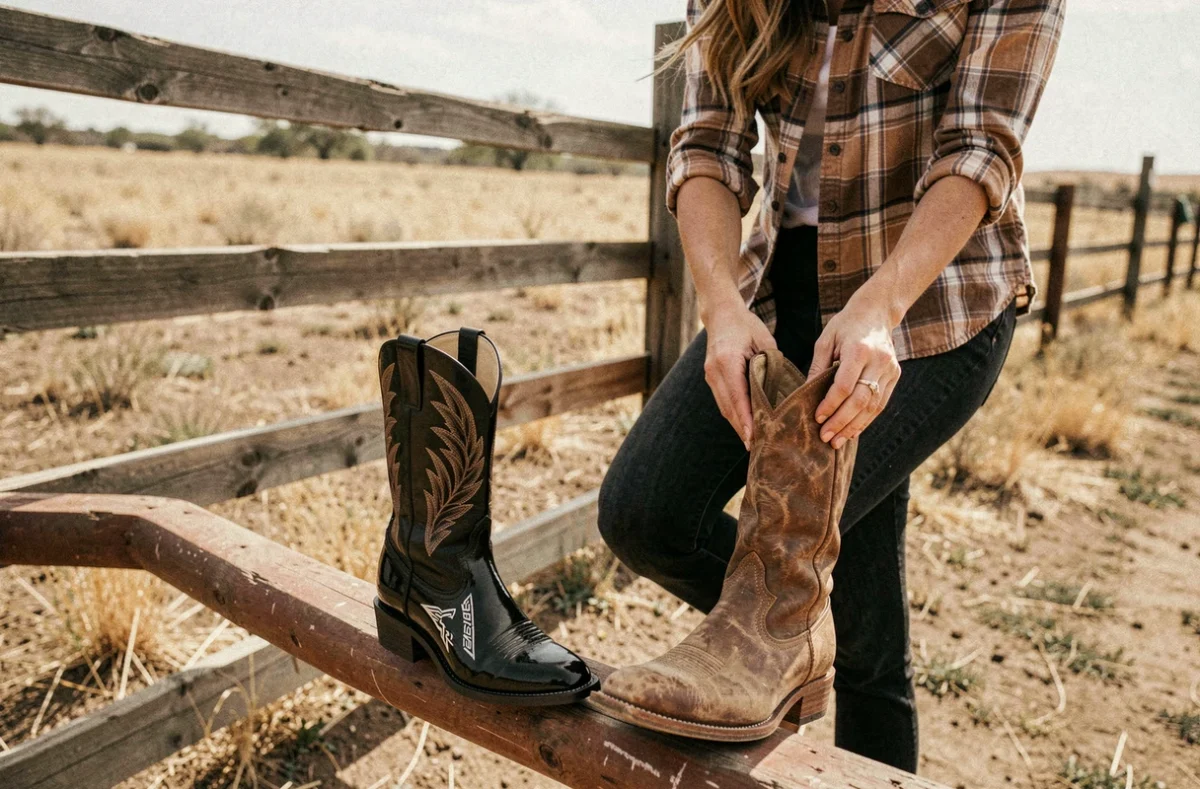 Femme comparant une botte cowboy de marque et une botte artisanale posées sur une clôture de ranch