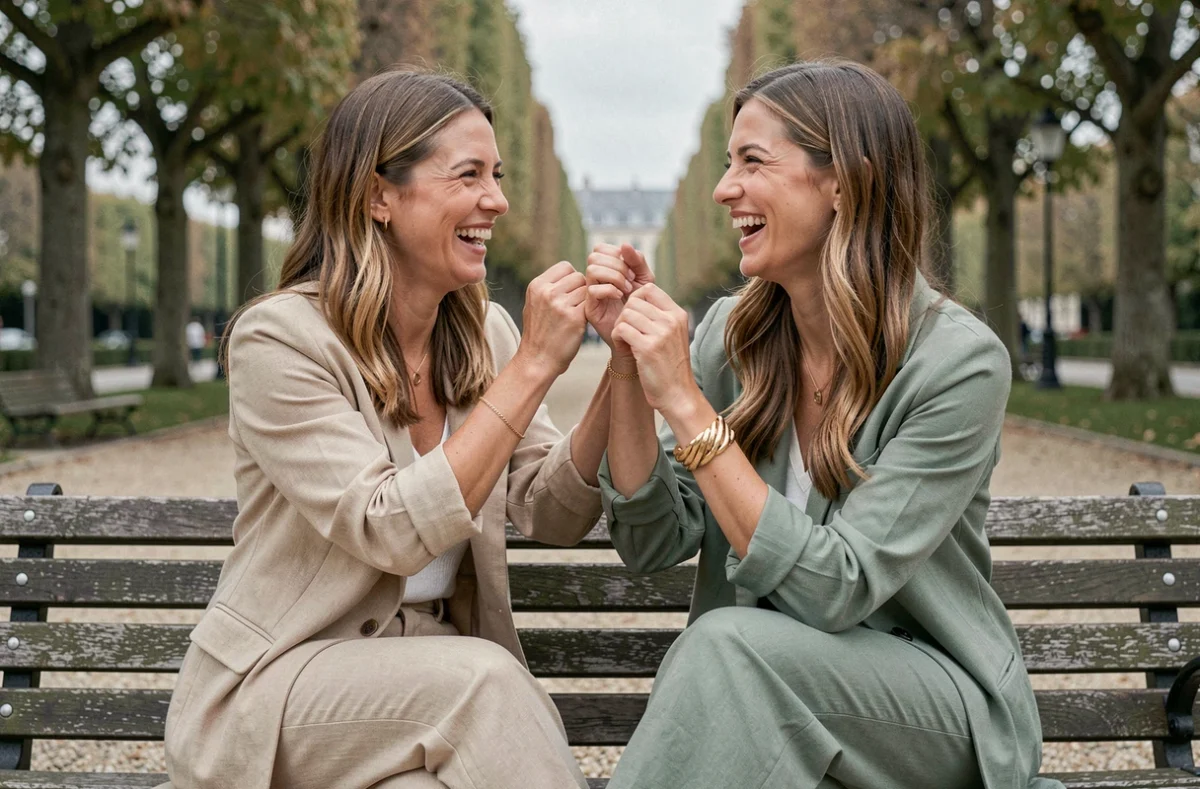 Deux femmes aux morphologies de poignets différentes comparant leurs bracelets dorés La Vie en Or dans un parc français, style naturel