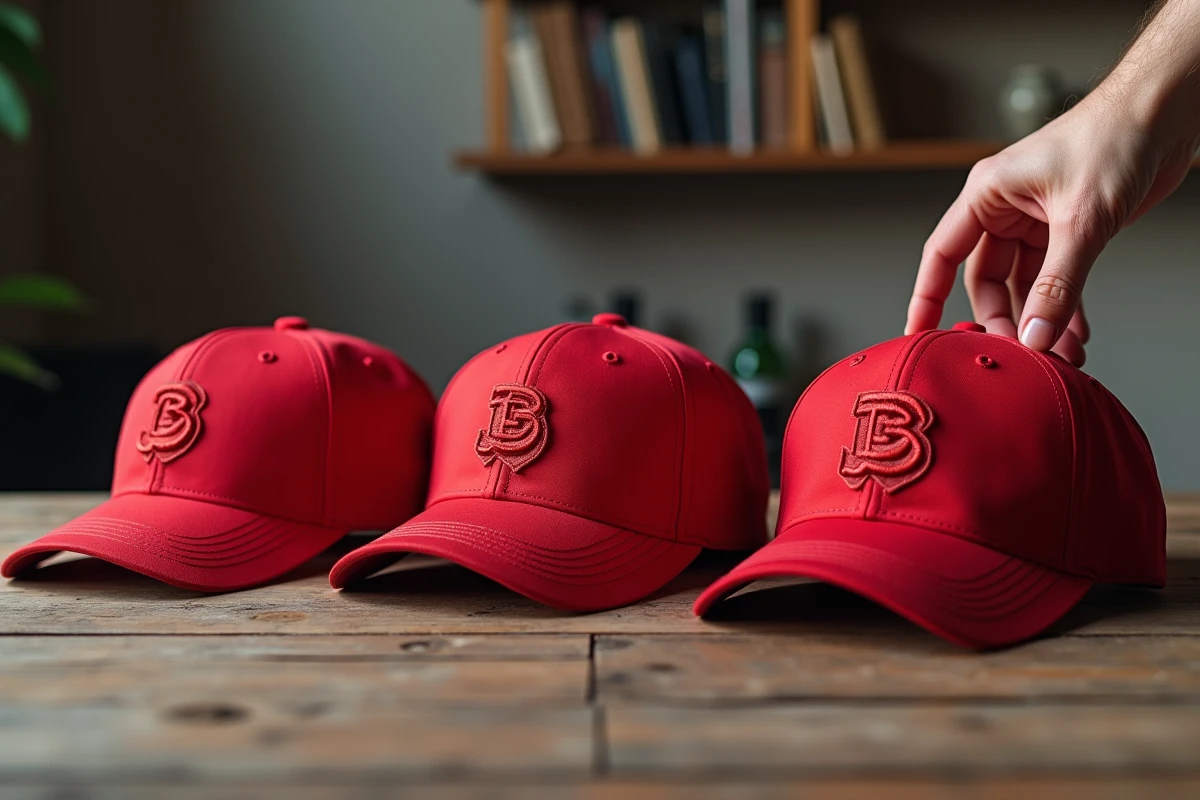 Comparaison de trois casquettes Trump de différentes éditions posées sur une table en bois, mettant en évidence les évolutions de design