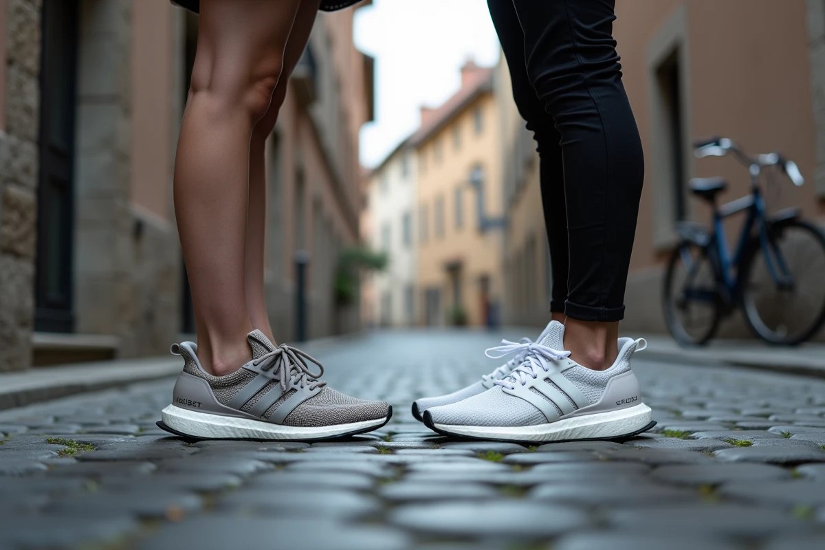Deux amis comparant leurs mod&egrave;les de chaussures Adidas dans une rue urbaine pour &eacute;valuer les diff&eacute;rences de taille et de coupe