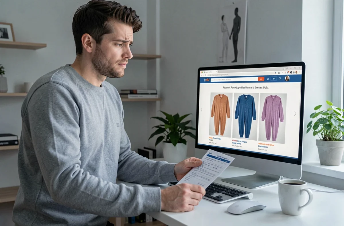 Homme adulte comparant des modèles de pilou pilou sur un site e-commerce, tenant un document de politique de retour