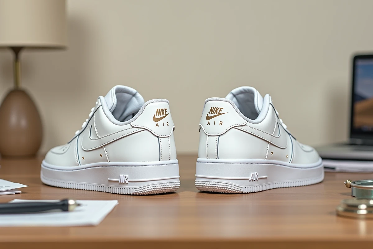 Comparaison d'une Nike Air Force 1 authentique et d'une contrefaçon posées côte à côte sur une table en bois avec loupe et checklist